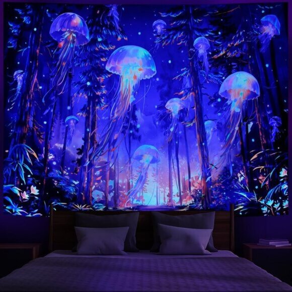 New UV Reactive Blacklight Forest Jellyfish Starry Sky Nature Tapestry, Wall Art